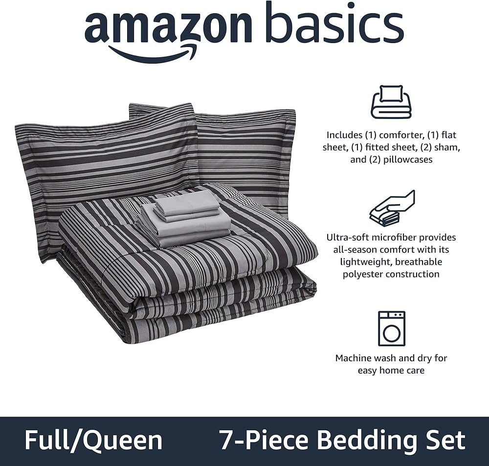 Amazon Basics Full/Queen Comforter Set with Sheets, 7-Piece Gray Calvin Stripe Bedding, Lightweight Microfiber Bed-in-a-Bag, Striped