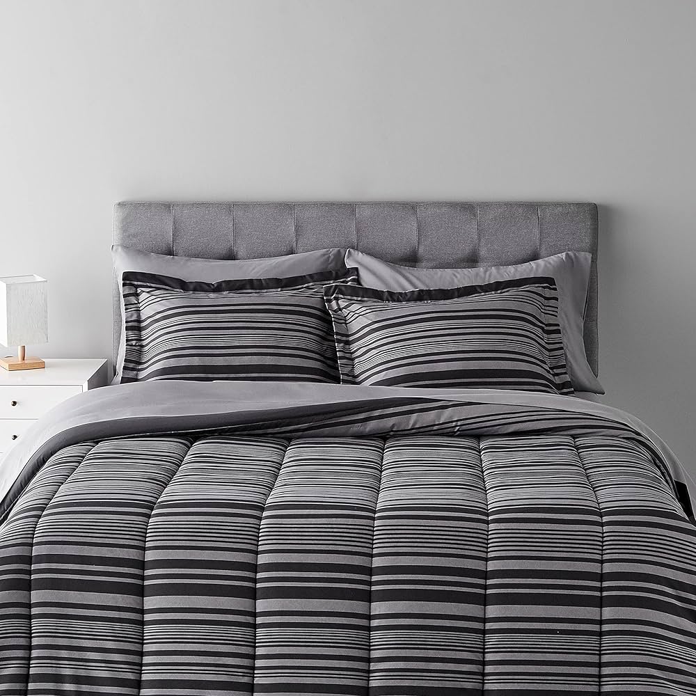 Amazon Basics Full/Queen Comforter Set with Sheets, 7-Piece Gray Calvin Stripe Bedding, Lightweight Microfiber Bed-in-a-Bag, Striped