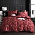 Erosebridal Burgundy Pinch Pleated Comforter Cover Full Size Silk Like Satin Pintuck Bedding Set with Zipper Ruffle Design Luxury & Microfiber Comforter Cover Pintuck Decorative Bedspread Cover