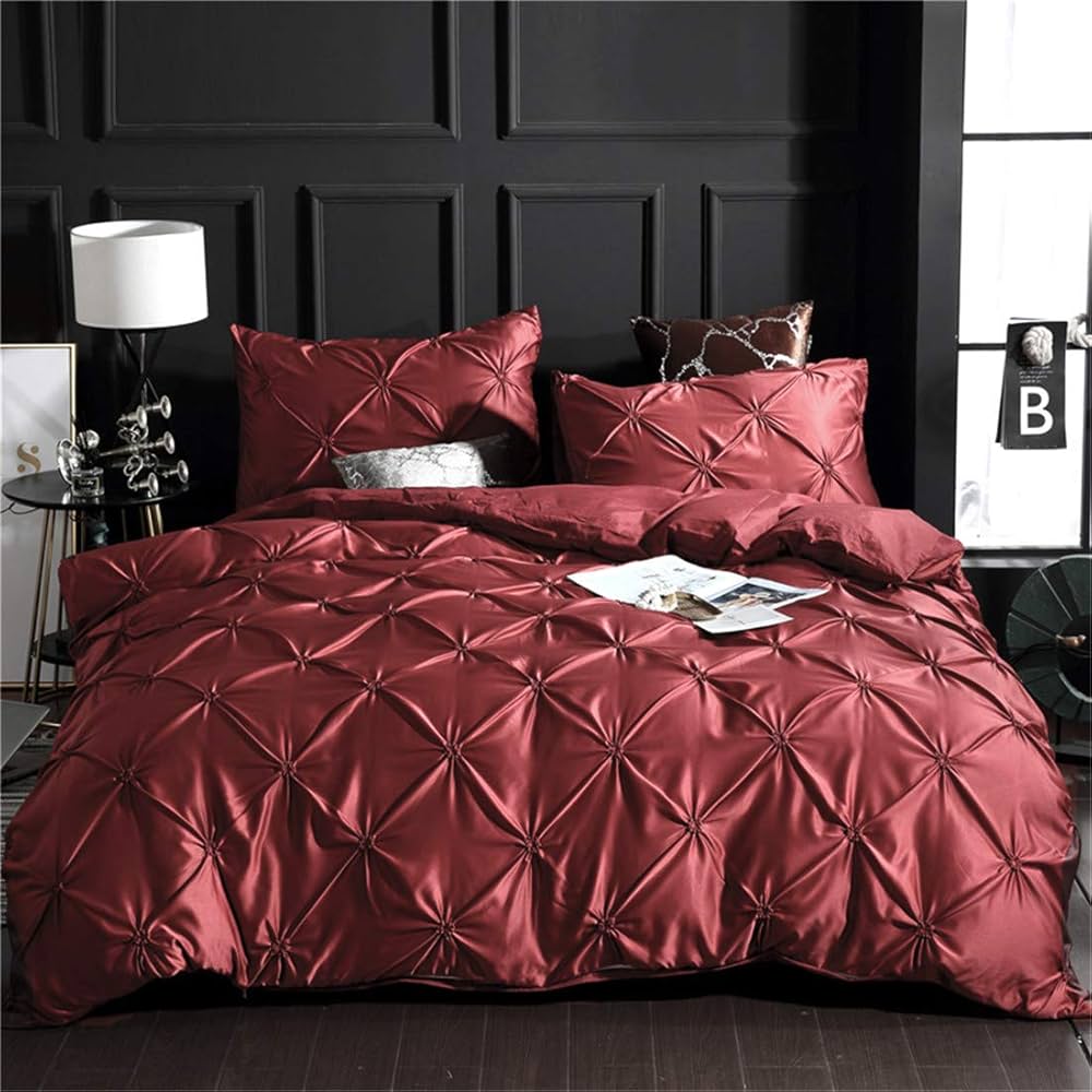 Erosebridal Burgundy Pinch Pleated Comforter Cover Full Size Silk Like Satin Pintuck Bedding Set with Zipper Ruffle Design Luxury & Microfiber Comforter Cover Pintuck Decorative Bedspread Cover