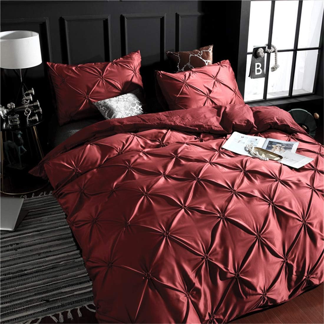 Erosebridal Burgundy Pinch Pleated Comforter Cover Full Size Silk Like Satin Pintuck Bedding Set with Zipper Ruffle Design Luxury & Microfiber Comforter Cover Pintuck Decorative Bedspread Cover