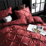 Erosebridal Burgundy Pinch Pleated Comforter Cover Full Size Silk Like Satin Pintuck Bedding Set with Zipper Ruffle Design Luxury & Microfiber Comforter Cover Pintuck Decorative Bedspread Cover
