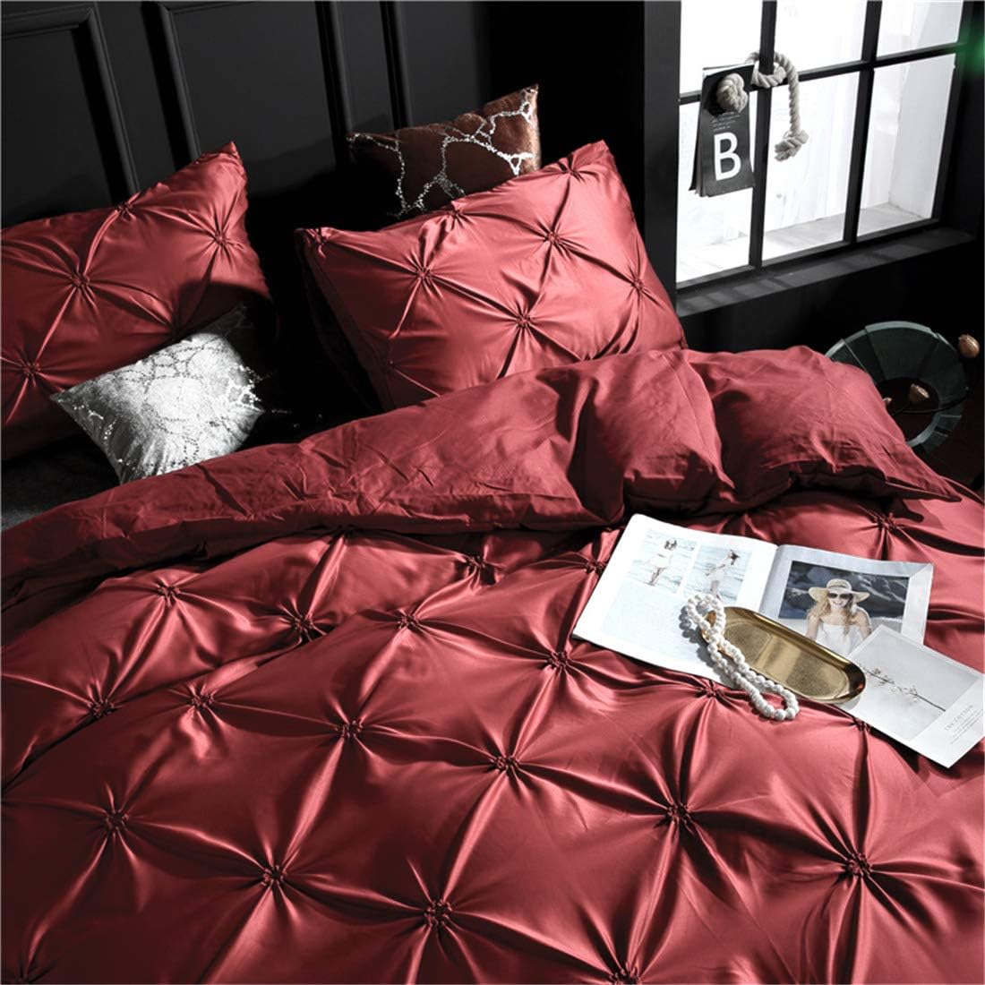Erosebridal Burgundy Pinch Pleated Comforter Cover Full Size Silk Like Satin Pintuck Bedding Set with Zipper Ruffle Design Luxury & Microfiber Comforter Cover Pintuck Decorative Bedspread Cover