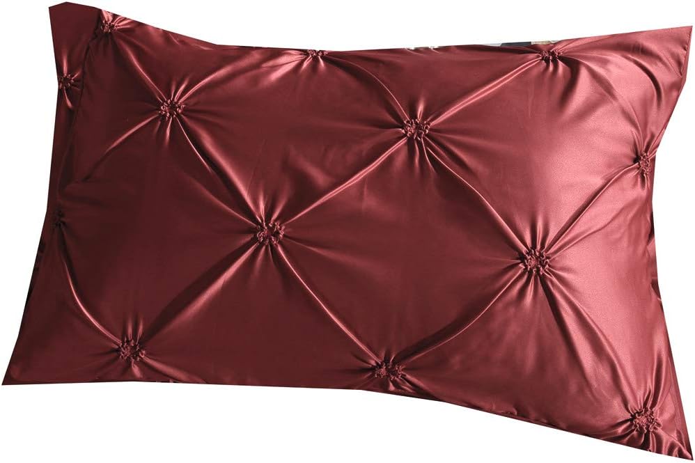 Erosebridal Burgundy Pinch Pleated Comforter Cover Full Size Silk Like Satin Pintuck Bedding Set with Zipper Ruffle Design Luxury & Microfiber Comforter Cover Pintuck Decorative Bedspread Cover