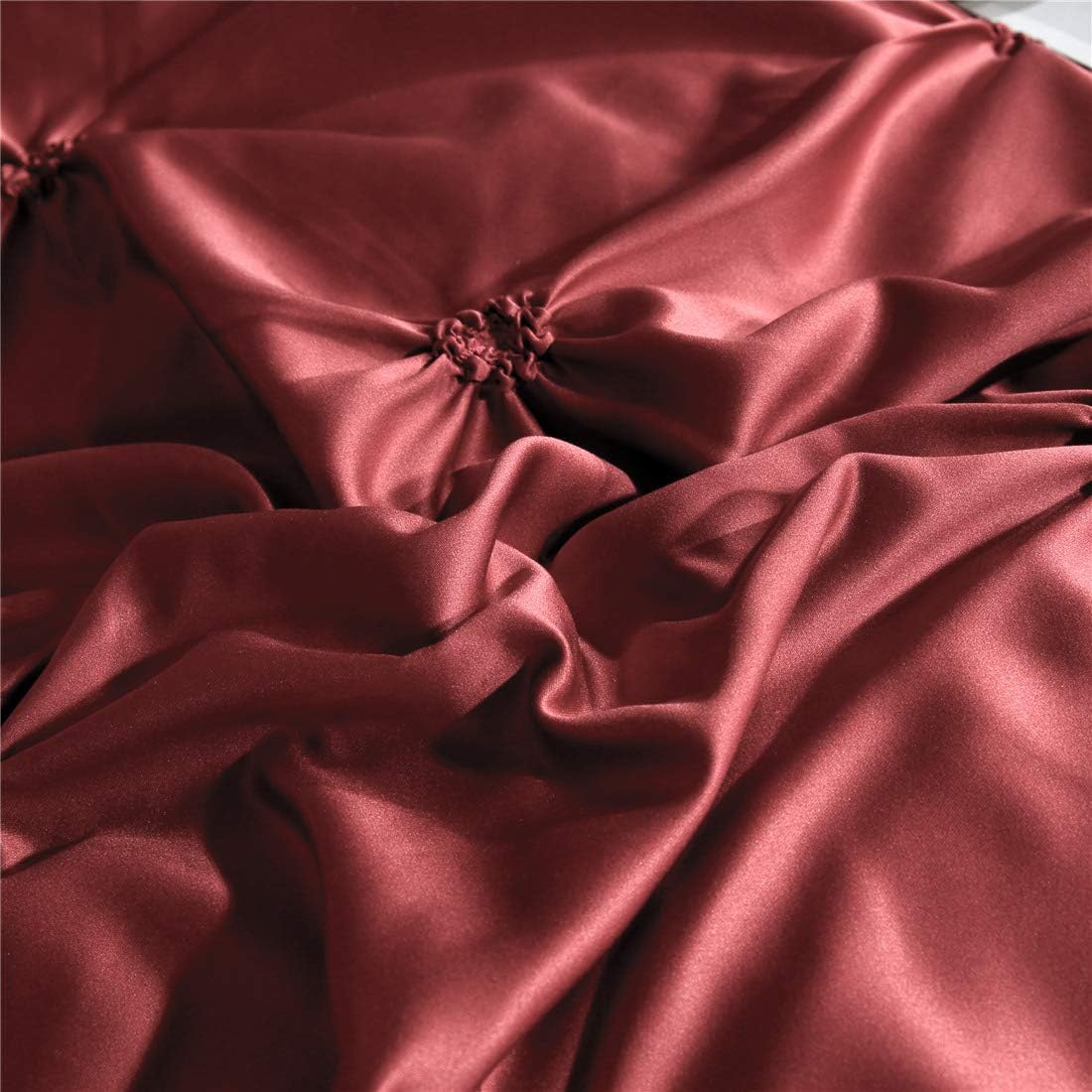 Erosebridal Burgundy Pinch Pleated Comforter Cover Full Size Silk Like Satin Pintuck Bedding Set with Zipper Ruffle Design Luxury & Microfiber Comforter Cover Pintuck Decorative Bedspread Cover
