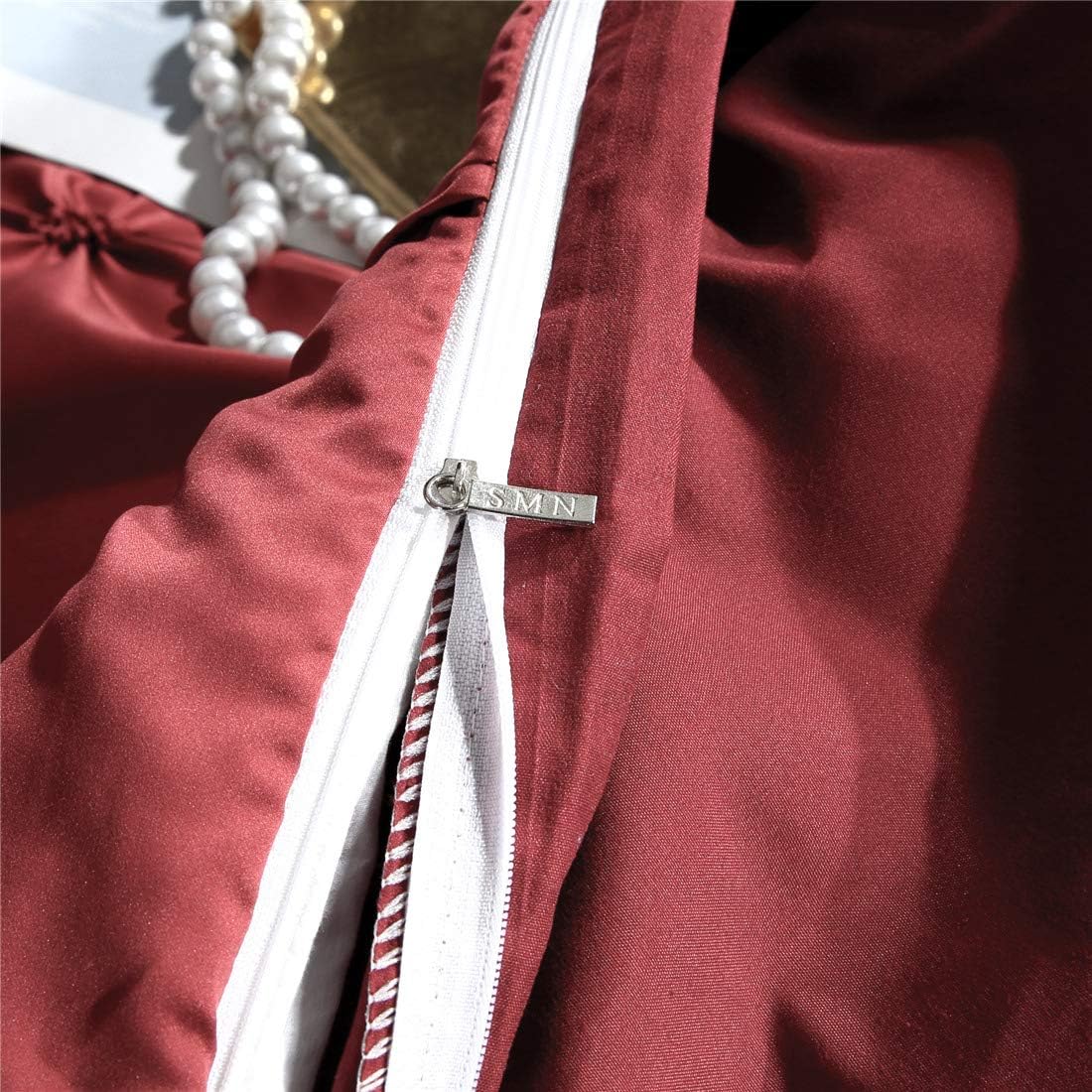Erosebridal Burgundy Pinch Pleated Comforter Cover Full Size Silk Like Satin Pintuck Bedding Set with Zipper Ruffle Design Luxury & Microfiber Comforter Cover Pintuck Decorative Bedspread Cover