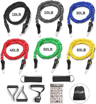 EILISON Resistance Band Kit with Heavy Duty Protective Sleeves for Safe Workout and Soft Anti-Slip Foam Handle, Door Anchor, Ankle Strap for Men and Women Stackable