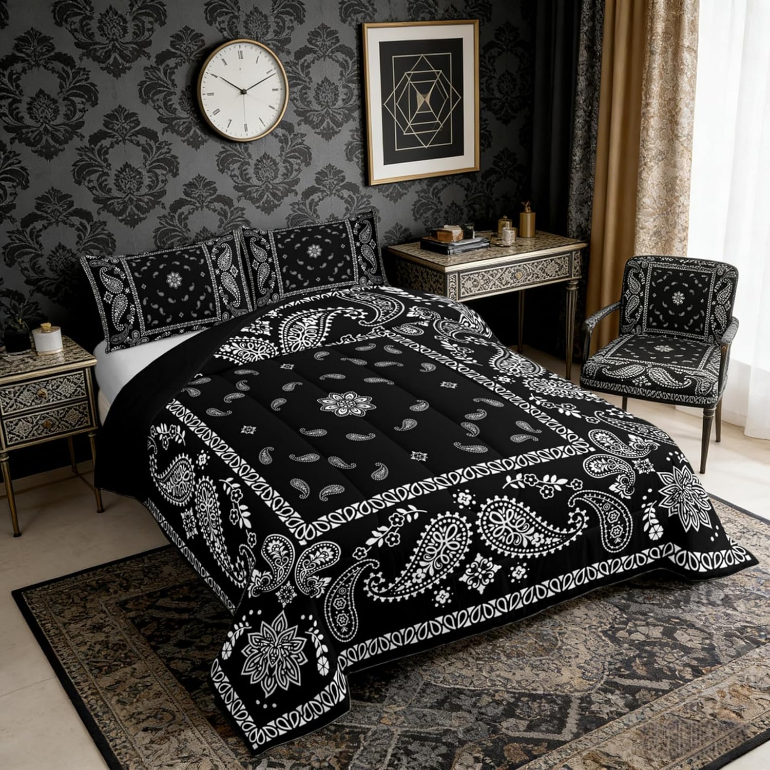 Castle Fairy Paisley Flower Comforter Set Full Size,Boho Tribal Style Duvet Set Men Women Bedroom Decor,Traditional Datura Lotus Microfiber Soft Bedding Set with 2 Pillowcases,3Pcs