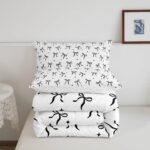 Erosebridal Bowknot Twin Size Comforter Set, Kawaii Bow Bedding Set for Kids Girls Boys Women, Aesthetic Dreamy Princess Style Quilt Bow Tie Bedroom Decor, Lightweight, All Season, Black White
