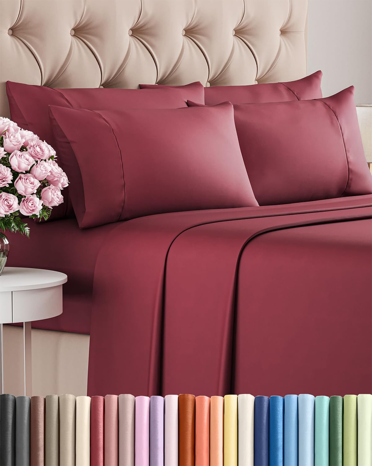 Full 6 Piece Sheet Set – Comfy Breathable & Cooling – Ultra Soft Hotel Luxury Bedding Set w/ 8-16 Inch Deep Pockets – 1 Flat & 1 Fitted Sheet & 4 Pillowcases – Wrinkle Free and Easy Care – Burgundy