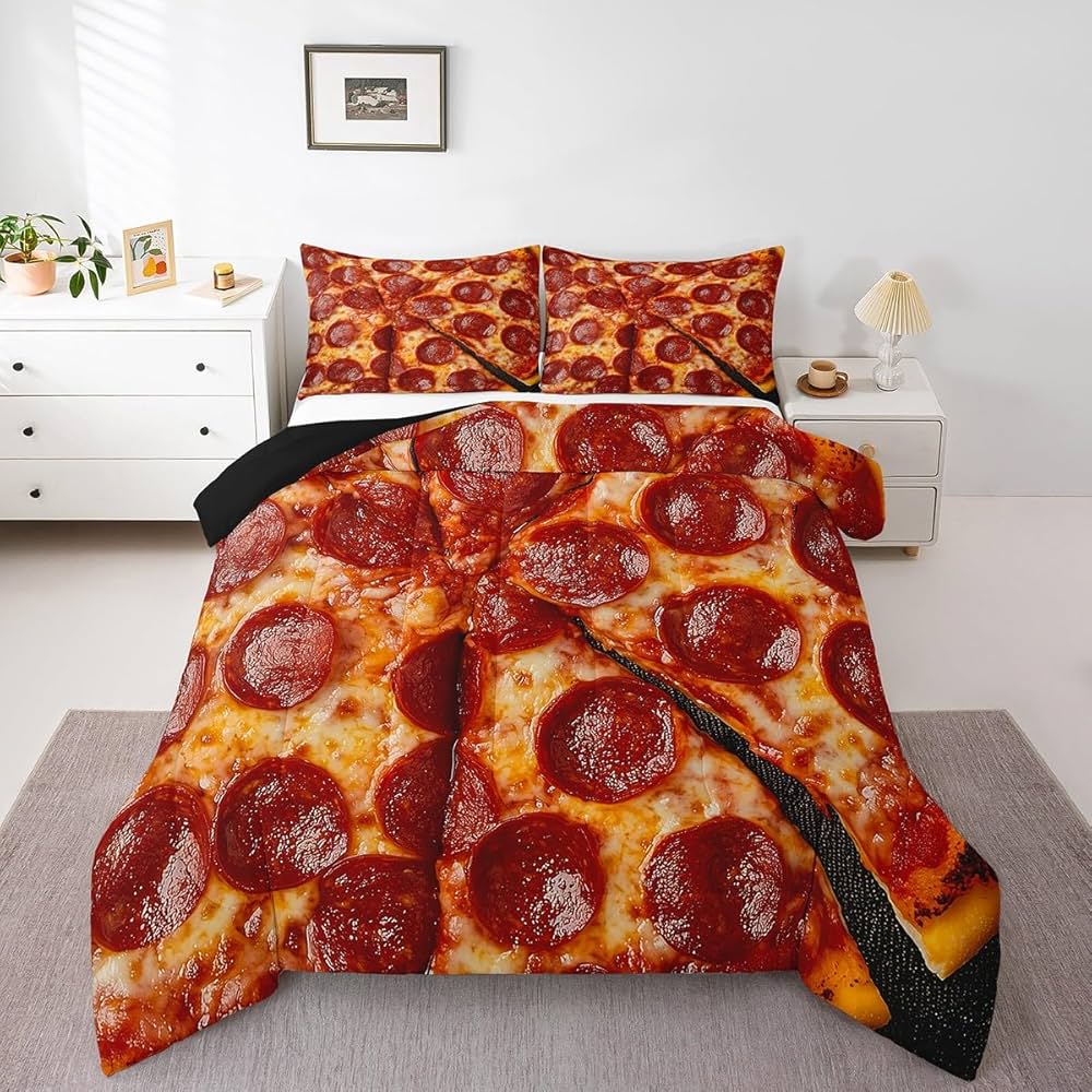 Erosebridal Pizza Twin Comforter Set for Kids Adults,Realistic Funny Food Bedding Set for Boys Girls Room Decor,Pepperoni Sausage Bedding Comforter Sets Novelty Gifts Pizza Quilt Bed 2Pcs