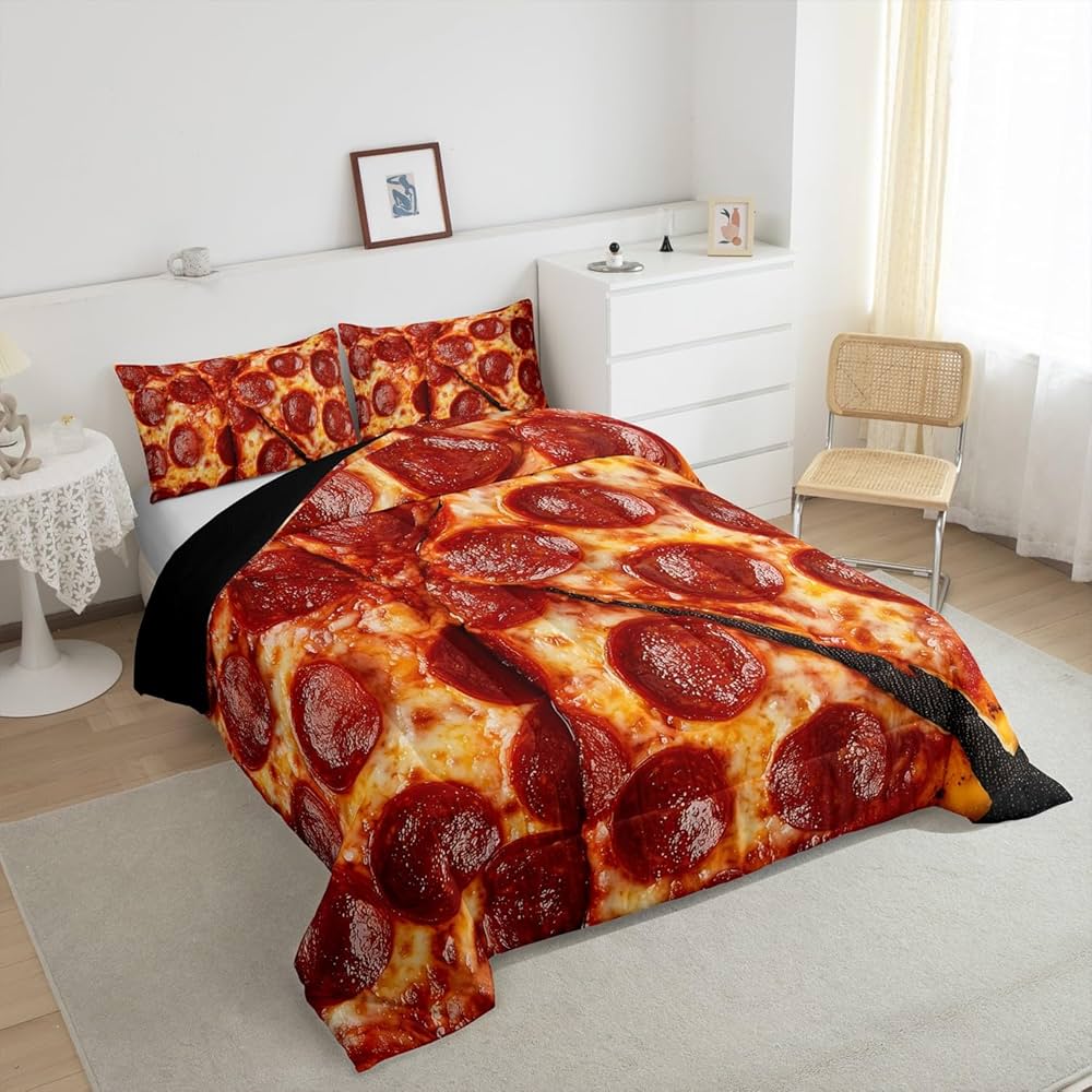 Erosebridal Pizza Twin Comforter Set for Kids Adults,Realistic Funny Food Bedding Set for Boys Girls Room Decor,Pepperoni Sausage Bedding Comforter Sets Novelty Gifts Pizza Quilt Bed 2Pcs