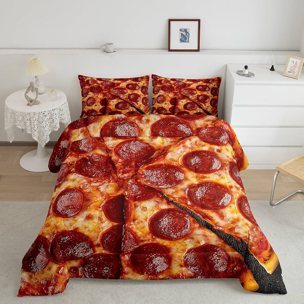 Erosebridal Pizza Twin Comforter Set for Kids Adults,Realistic Funny Food Bedding Set for Boys Girls Room Decor,Pepperoni Sausage Bedding Comforter Sets Novelty Gifts Pizza Quilt Bed 2Pcs