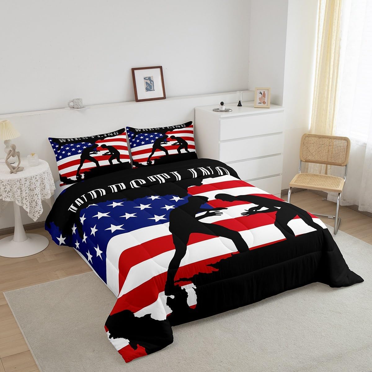 Castle Fairy American Flag Comforter Set Twin Size,Wrestling Wrestler Silhouette Bedding Set for Kids Boys Girls Teens Room Decor,Men Sport Games Quilt Set Striped Duvet Insert,1 Pillowcase