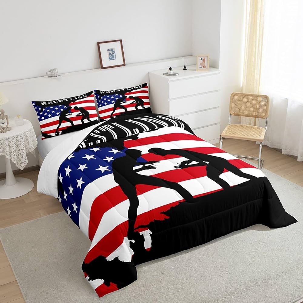 Castle Fairy American Flag Comforter Set Twin Size,Wrestling Wrestler Silhouette Bedding Set for Kids Boys Girls Teens Room Decor,Men Sport Games Quilt Set Striped Duvet Insert,1 Pillowcase