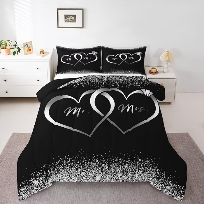 Erosebridal Mr and Mrs Comforter Set Queen Black Silver Valentines Day Bedding Set for Women Men,Wedding Bed Set Newly Engaged Wed Gifts for The Couple Bedroom Decor Glitter Love Heart Quilt 3Pcs