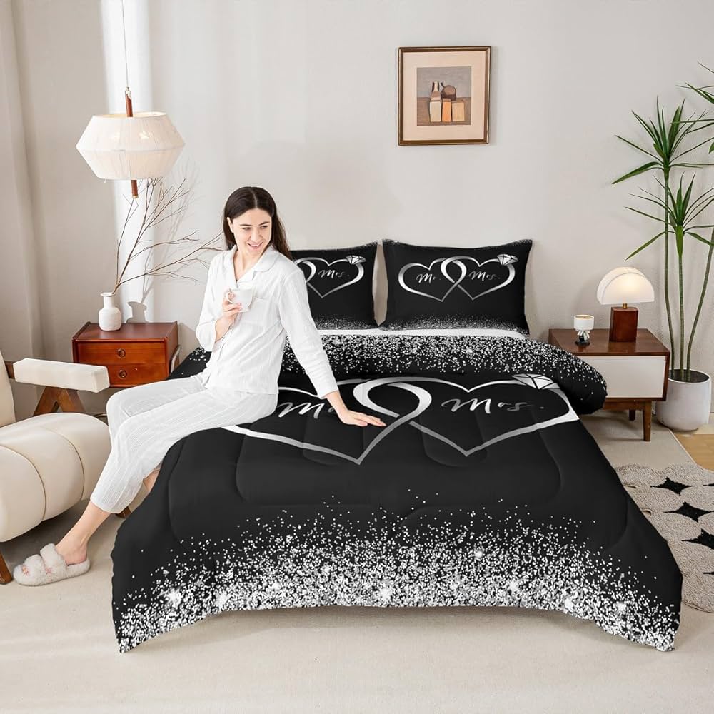 Erosebridal Mr and Mrs Comforter Set Queen Black Silver Valentines Day Bedding Set for Women Men,Wedding Bed Set Newly Engaged Wed Gifts for The Couple Bedroom Decor Glitter Love Heart Quilt 3Pcs