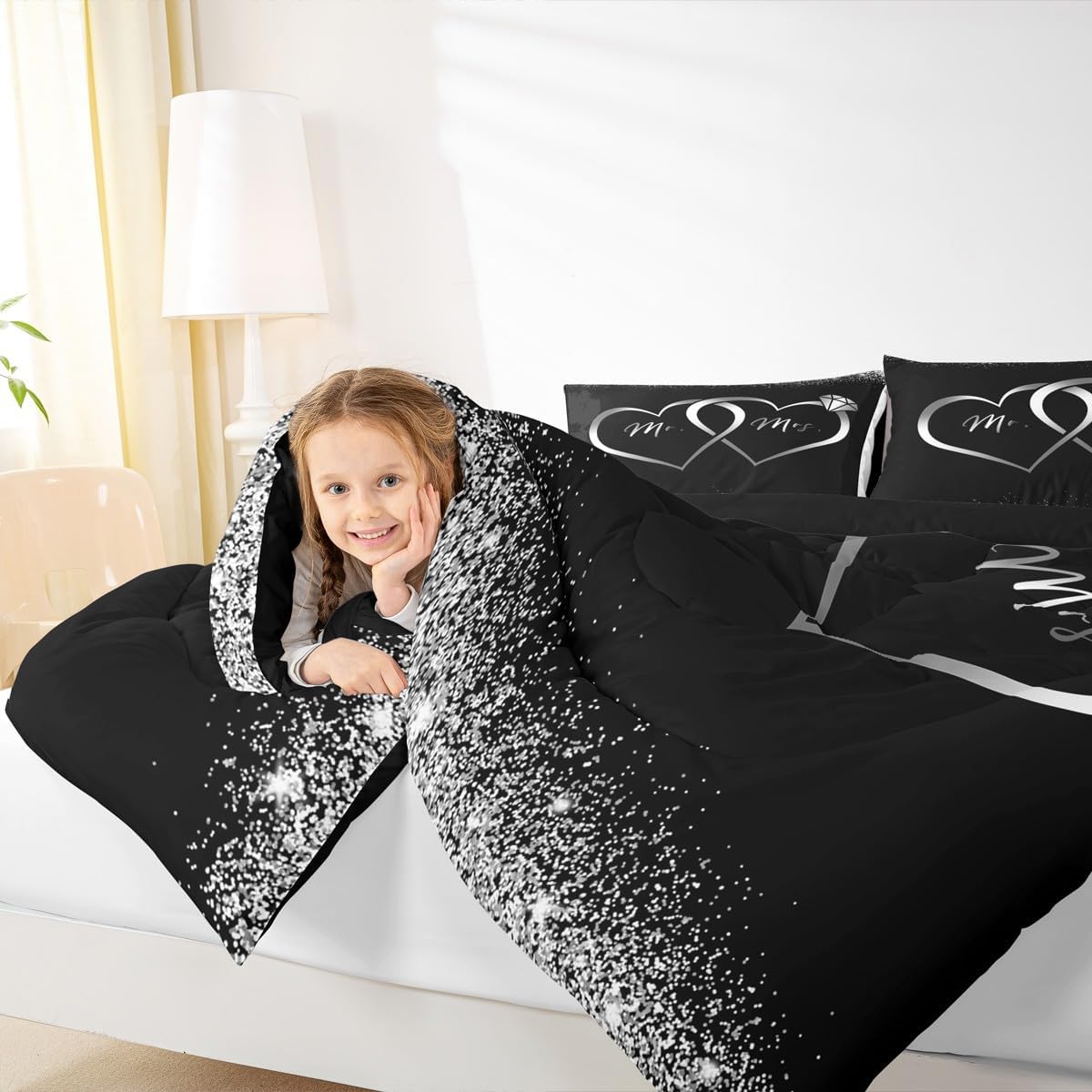 Erosebridal Mr and Mrs Comforter Set Queen Black Silver Valentines Day Bedding Set for Women Men,Wedding Bed Set Newly Engaged Wed Gifts for The Couple Bedroom Decor Glitter Love Heart Quilt 3Pcs