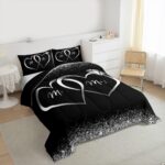 Erosebridal Mr and Mrs Comforter Set Queen Black Silver Valentines Day Bedding Set for Women Men,Wedding Bed Set Newly Engaged Wed Gifts for The Couple Bedroom Decor Glitter Love Heart Quilt 3Pcs
