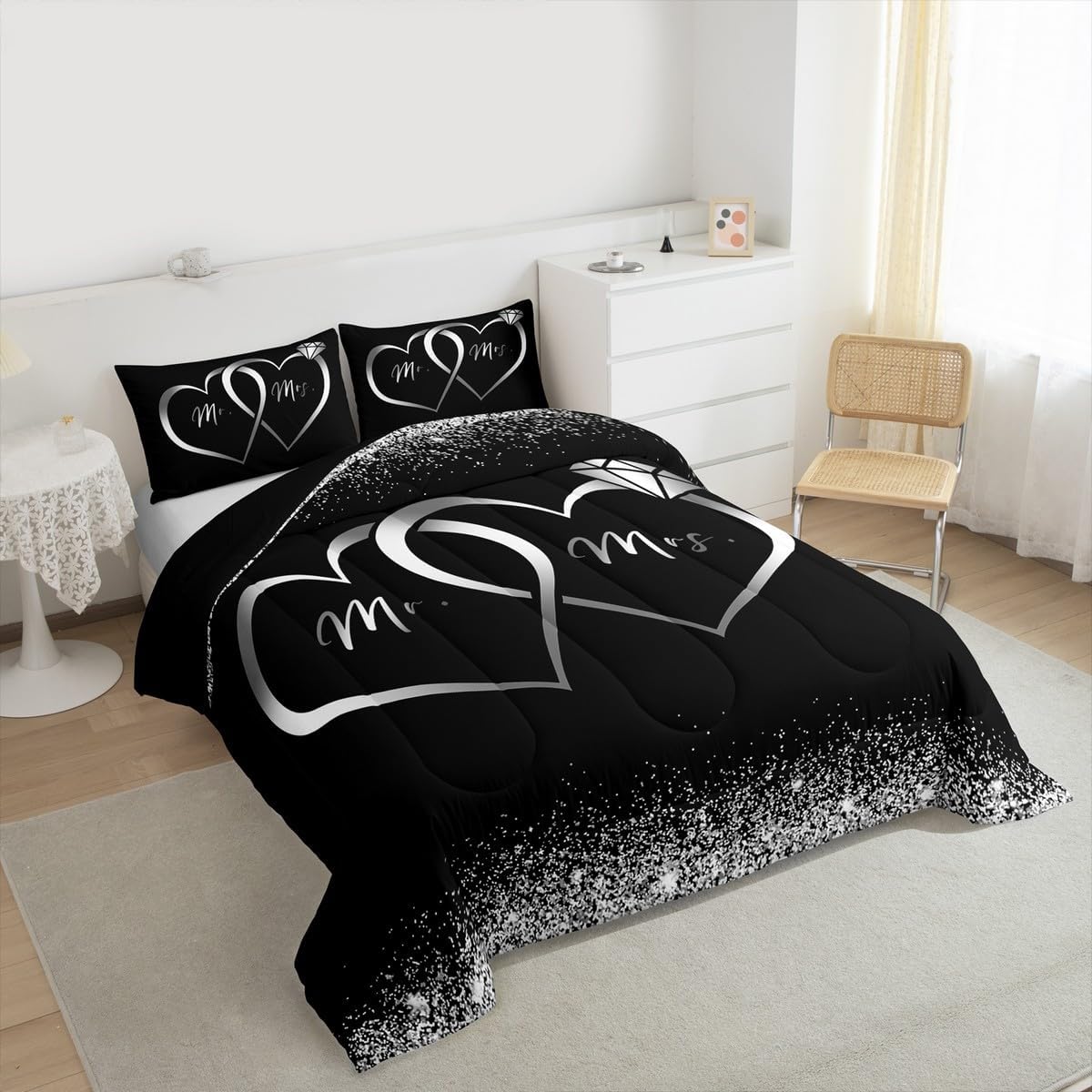 Erosebridal Mr and Mrs Comforter Set Queen Black Silver Valentines Day Bedding Set for Women Men,Wedding Bed Set Newly Engaged Wed Gifts for The Couple Bedroom Decor Glitter Love Heart Quilt 3Pcs