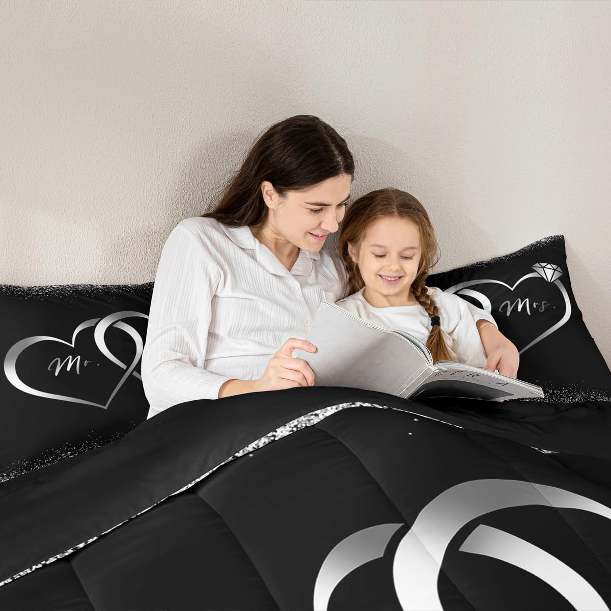 Erosebridal Mr and Mrs Comforter Set Queen Black Silver Valentines Day Bedding Set for Women Men,Wedding Bed Set Newly Engaged Wed Gifts for The Couple Bedroom Decor Glitter Love Heart Quilt 3Pcs