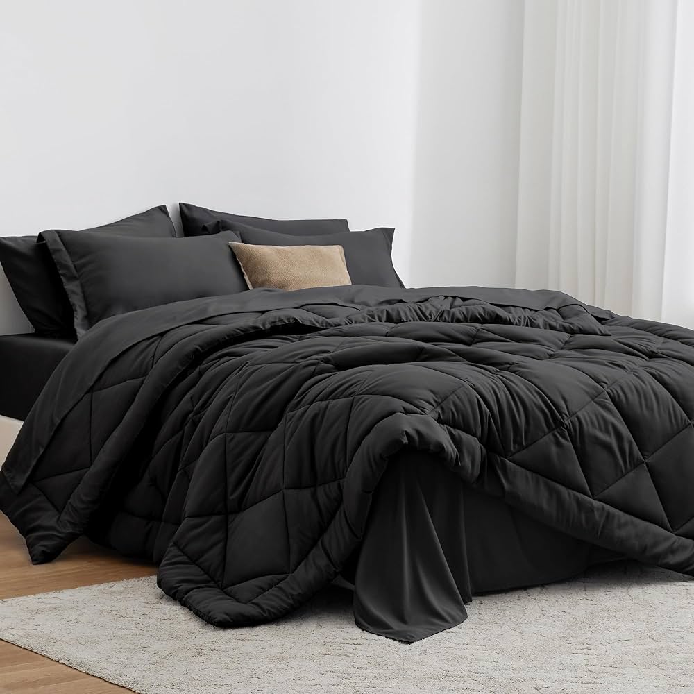 Love’s cabin Full Comforter Set Black, 7 Pieces Full Bed in a Bag, All Season Bedding Sets with 1 Comforter, 1 Flat Sheet, 1 Fitted Sheet, 2 Pillowcase and 2 Pillow Sham