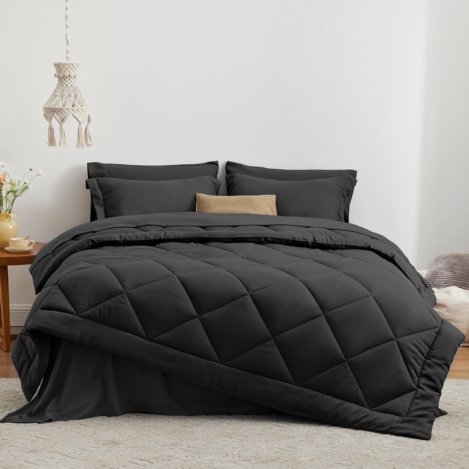 Love’s cabin Full Comforter Set Black, 7 Pieces Full Bed in a Bag, All Season Bedding Sets with 1 Comforter, 1 Flat Sheet, 1 Fitted Sheet, 2 Pillowcase and 2 Pillow Sham