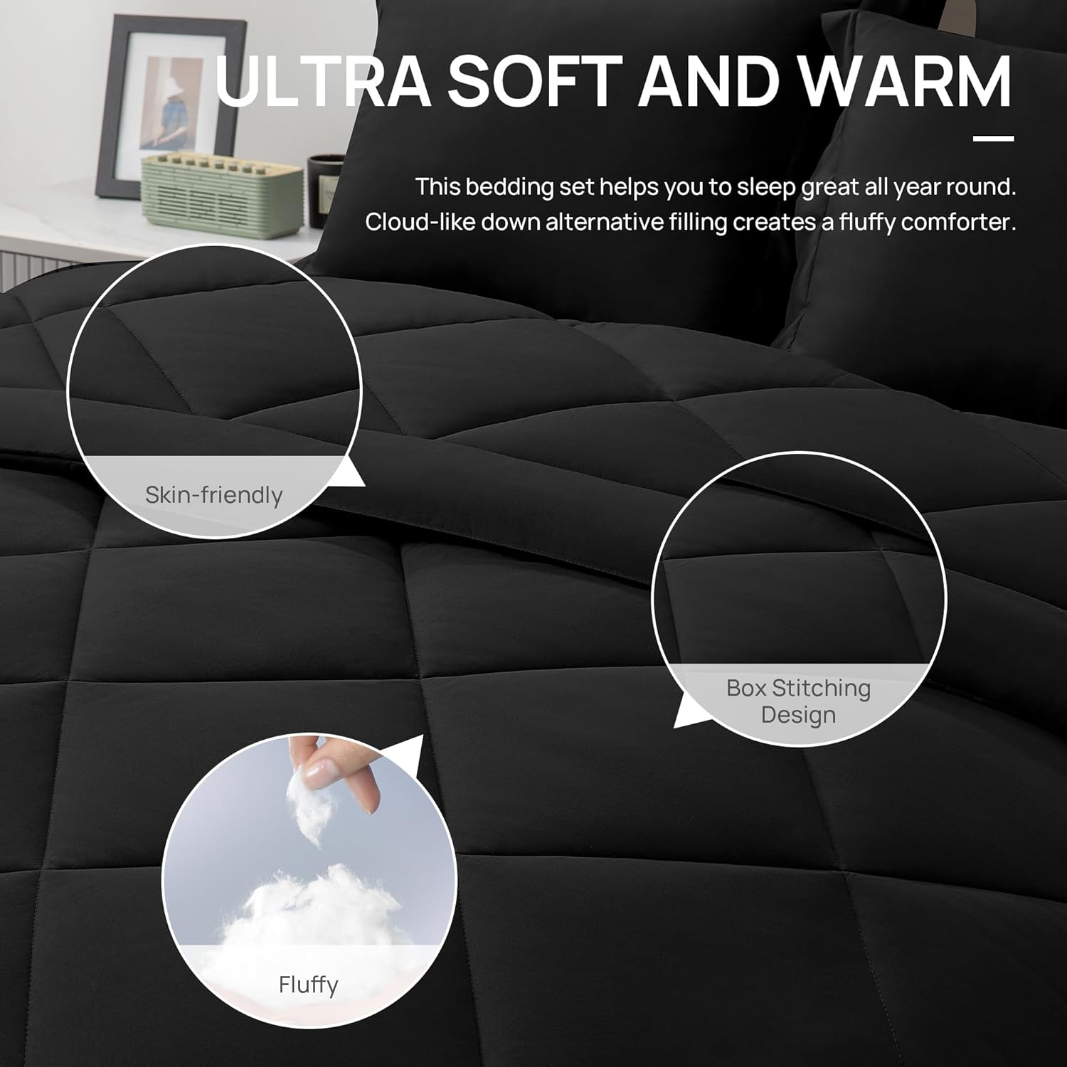 Love’s cabin Full Comforter Set Black, 7 Pieces Full Bed in a Bag, All Season Bedding Sets with 1 Comforter, 1 Flat Sheet, 1 Fitted Sheet, 2 Pillowcase and 2 Pillow Sham