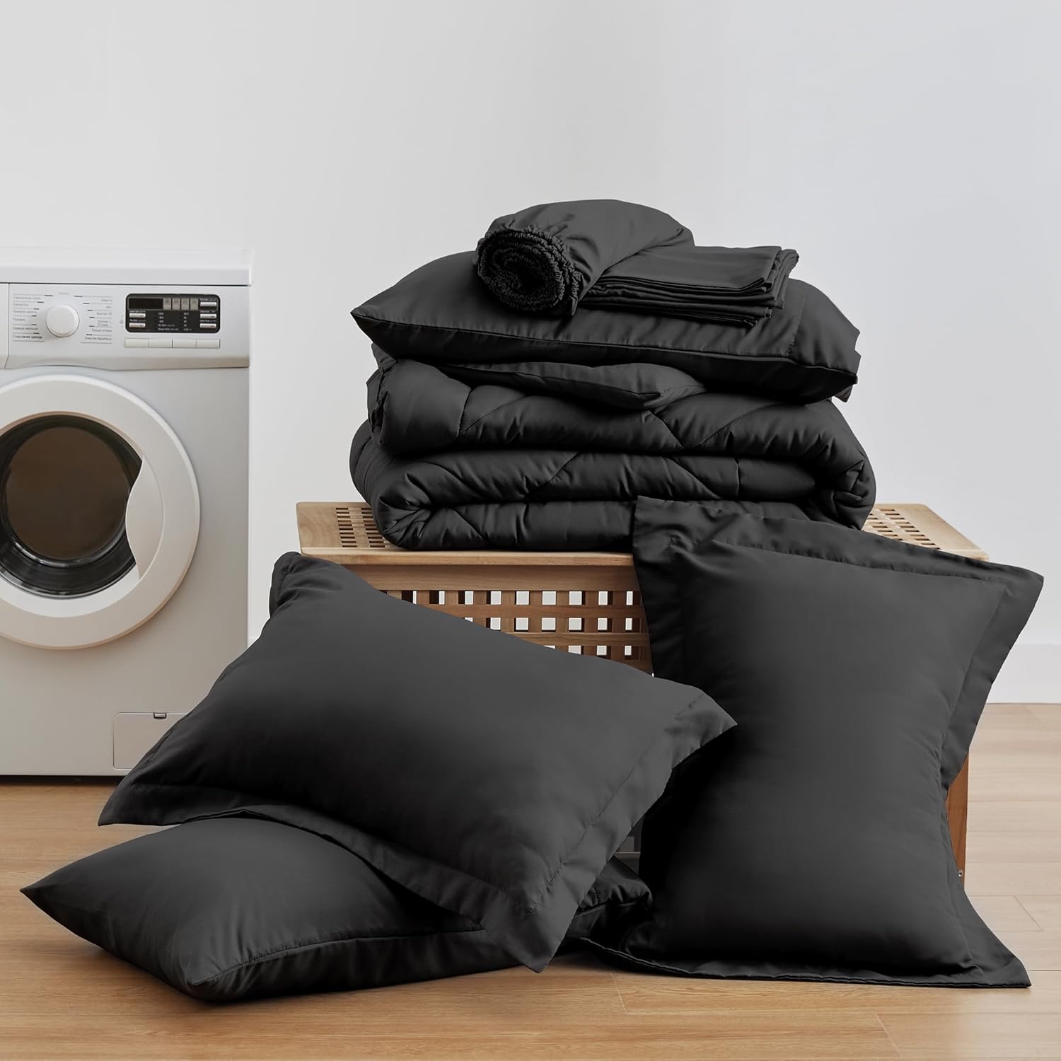 Love’s cabin Full Comforter Set Black, 7 Pieces Full Bed in a Bag, All Season Bedding Sets with 1 Comforter, 1 Flat Sheet, 1 Fitted Sheet, 2 Pillowcase and 2 Pillow Sham