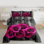 Hot Pink Rose Flowers Comforter Set King Retro Rustic Rose Floral Bedding Set Valentine Wedding Couple Bedding Comforter Sets for Girls Boys Men Women,Romantic Blossom Quilt Black Grey 3 Pcs