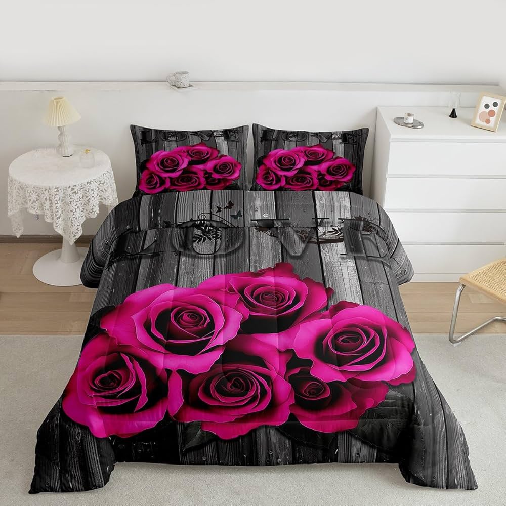 Hot Pink Rose Flowers Comforter Set King Retro Rustic Rose Floral Bedding Set Valentine Wedding Couple Bedding Comforter Sets for Girls Boys Men Women,Romantic Blossom Quilt Black Grey 3 Pcs