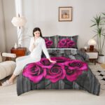 Hot Pink Rose Flowers Comforter Set King Retro Rustic Rose Floral Bedding Set Valentine Wedding Couple Bedding Comforter Sets for Girls Boys Men Women,Romantic Blossom Quilt Black Grey 3 Pcs