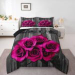 Hot Pink Rose Flowers Comforter Set King Retro Rustic Rose Floral Bedding Set Valentine Wedding Couple Bedding Comforter Sets for Girls Boys Men Women,Romantic Blossom Quilt Black Grey 3 Pcs