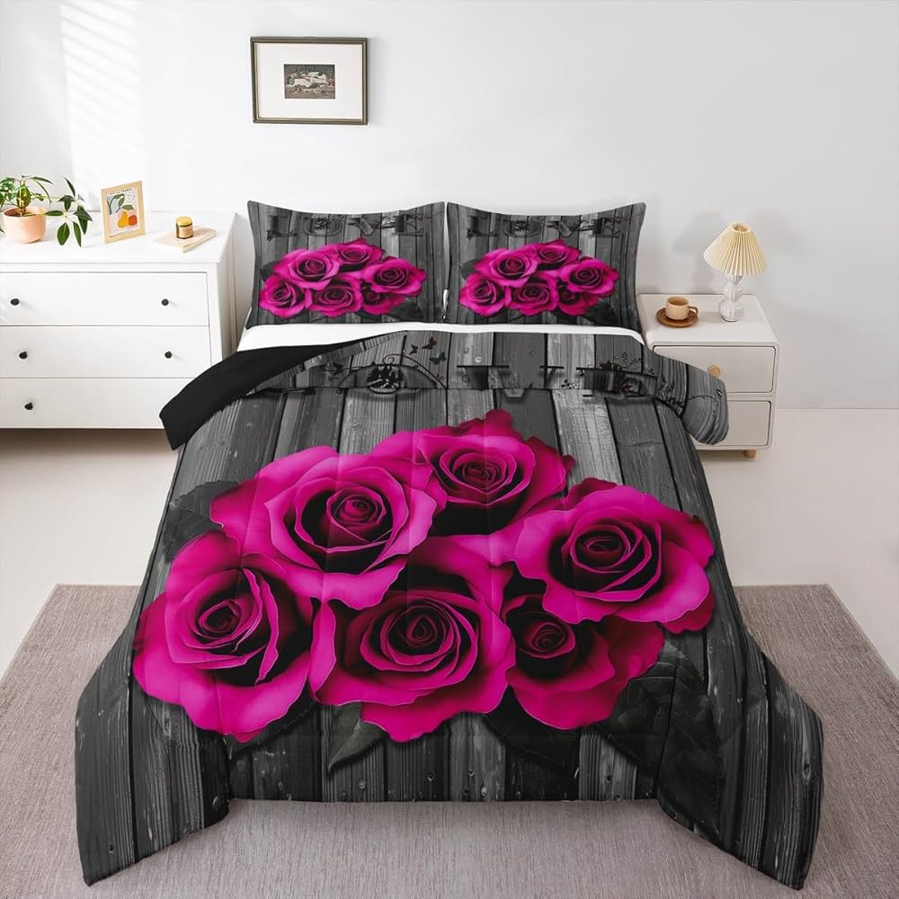 Hot Pink Rose Flowers Comforter Set King Retro Rustic Rose Floral Bedding Set Valentine Wedding Couple Bedding Comforter Sets for Girls Boys Men Women,Romantic Blossom Quilt Black Grey 3 Pcs