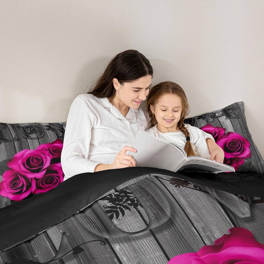 Hot Pink Rose Flowers Comforter Set King Retro Rustic Rose Floral Bedding Set Valentine Wedding Couple Bedding Comforter Sets for Girls Boys Men Women,Romantic Blossom Quilt Black Grey 3 Pcs