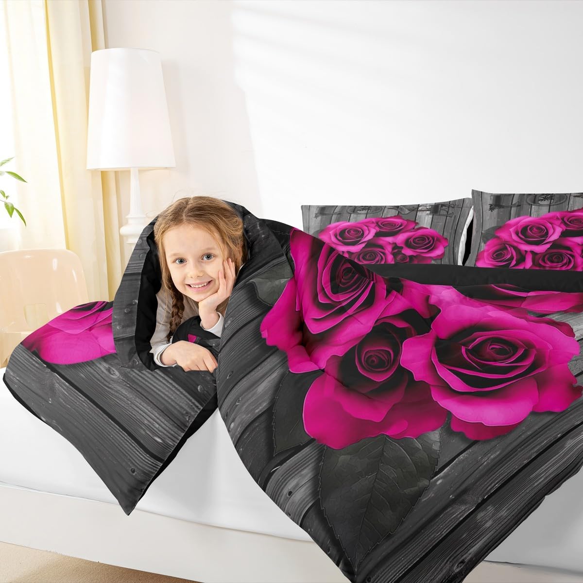 Hot Pink Rose Flowers Comforter Set King Retro Rustic Rose Floral Bedding Set Valentine Wedding Couple Bedding Comforter Sets for Girls Boys Men Women,Romantic Blossom Quilt Black Grey 3 Pcs