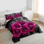 Hot Pink Rose Flowers Comforter Set King Retro Rustic Rose Floral Bedding Set Valentine Wedding Couple Bedding Comforter Sets for Girls Boys Men Women,Romantic Blossom Quilt Black Grey 3 Pcs