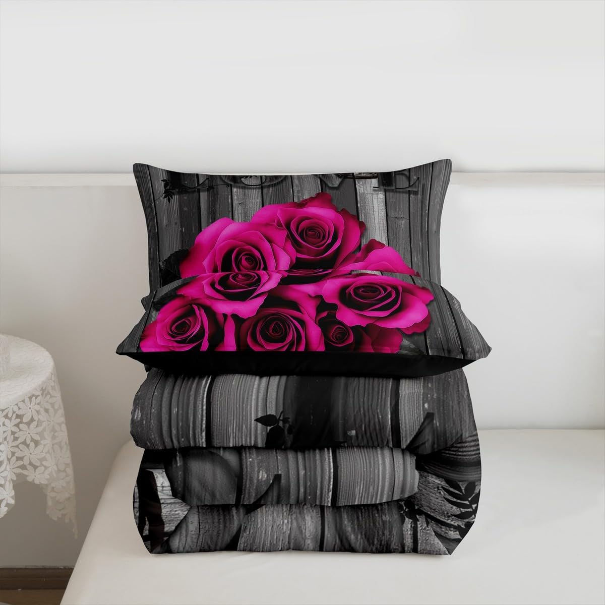Hot Pink Rose Flowers Comforter Set King Retro Rustic Rose Floral Bedding Set Valentine Wedding Couple Bedding Comforter Sets for Girls Boys Men Women,Romantic Blossom Quilt Black Grey 3 Pcs