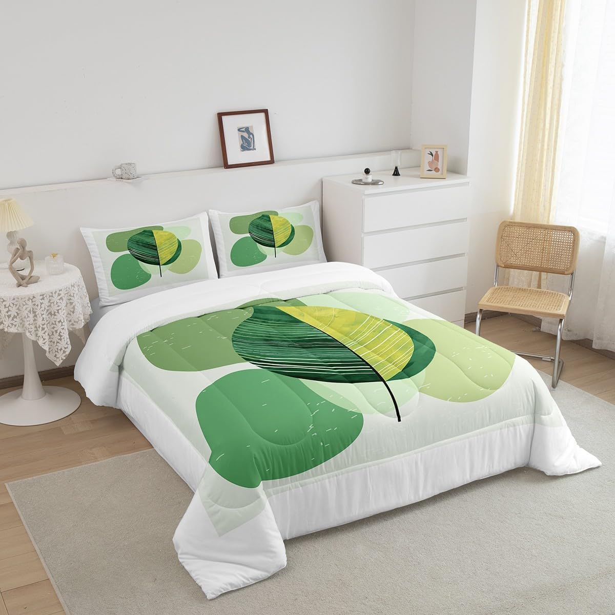 Erosebridal Green Modern Comforter Set Twin Mid Century Bedding Set, Hippie Minimalist Bedding Comforter Sets Abstract Leaves Duvet, Aesthetic Geometric Quilted Comforter White Bedroom Decoration