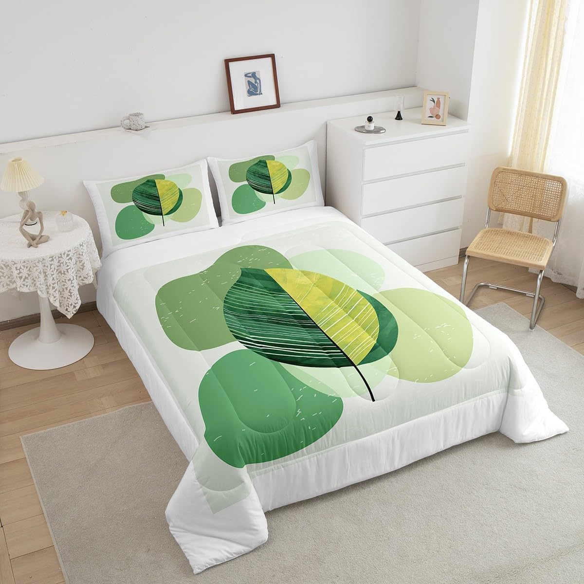 Erosebridal Green Modern Comforter Set Twin Mid Century Bedding Set, Hippie Minimalist Bedding Comforter Sets Abstract Leaves Duvet, Aesthetic Geometric Quilted Comforter White Bedroom Decoration