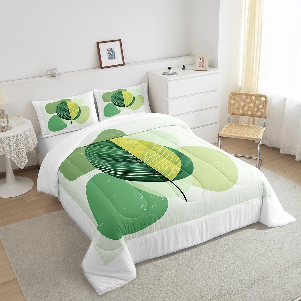 Erosebridal Green Modern Comforter Set Twin Mid Century Bedding Set, Hippie Minimalist Bedding Comforter Sets Abstract Leaves Duvet, Aesthetic Geometric Quilted Comforter White Bedroom Decoration