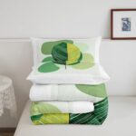 Erosebridal Green Modern Comforter Set Twin Mid Century Bedding Set, Hippie Minimalist Bedding Comforter Sets Abstract Leaves Duvet, Aesthetic Geometric Quilted Comforter White Bedroom Decoration