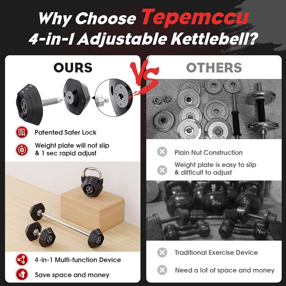 Tepemccu 4-in-1 Adjustable Kettlebell, 5.88-45lbs Kettlebells Weight Set, Adjustable Weight Kettlebell Used as Dumbbell, Barbell for Home Gym Full Body Workout