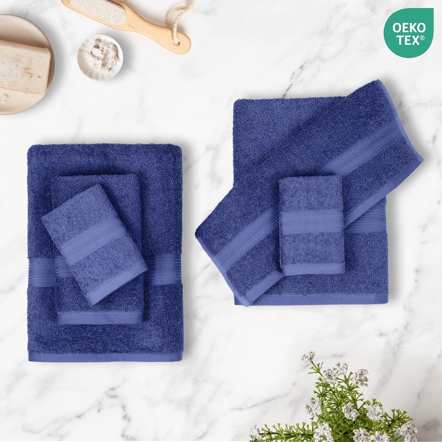 Amazon Basics 6-Piece Fade-Resistant 100% Cotton Towel Set, Soft and Absorbent, 2 Bath Towels, 2 Hand Towels, 2 Washcloths, Navy Blue