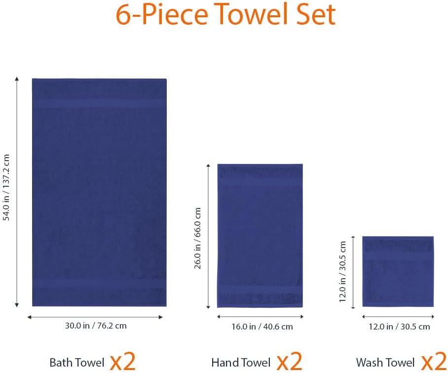 Amazon Basics 6-Piece Fade-Resistant 100% Cotton Towel Set, Soft and Absorbent, 2 Bath Towels, 2 Hand Towels, 2 Washcloths, Navy Blue