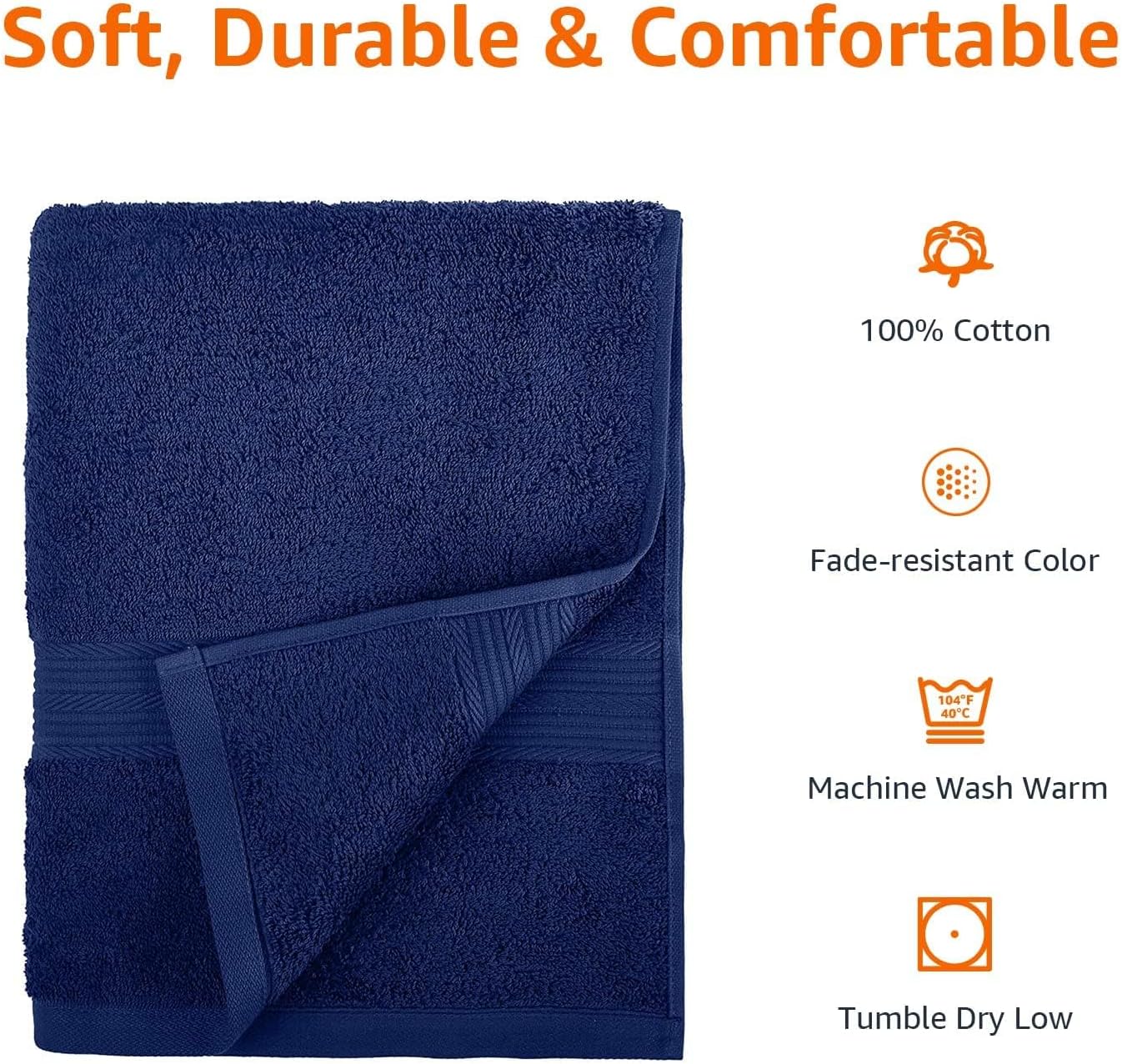 Amazon Basics 6-Piece Fade-Resistant 100% Cotton Towel Set, Soft and Absorbent, 2 Bath Towels, 2 Hand Towels, 2 Washcloths, Navy Blue