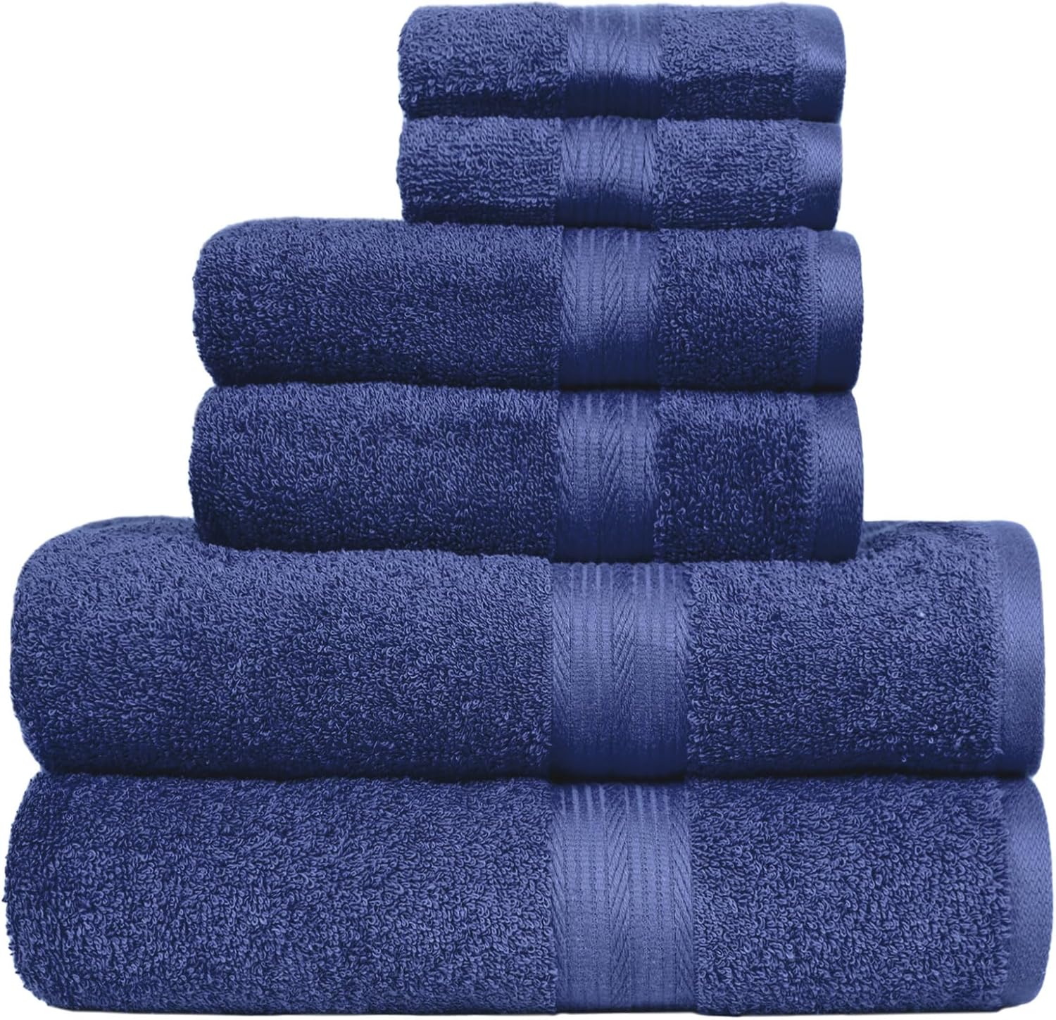 Amazon Basics 6-Piece Fade-Resistant 100% Cotton Towel Set, Soft and Absorbent, 2 Bath Towels, 2 Hand Towels, 2 Washcloths, Navy Blue