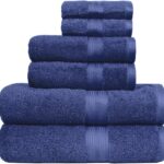 Amazon Basics 6-Piece Fade-Resistant 100% Cotton Towel Set, Soft and Absorbent, 2 Bath Towels, 2 Hand Towels, 2 Washcloths, Navy Blue