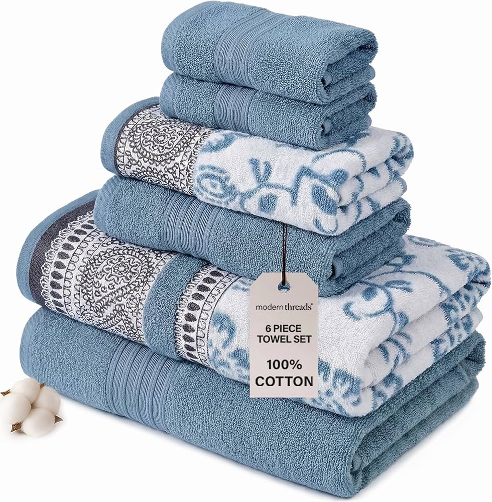 Modern Threads Ophelia 6-Piece 100% Cotton Towel Set – Reversible Yarn Dyed Jacquard & Solid – Includes 2 Bath Towels, 2 Hand Towels, 2 Washcloths – Absorbent, Quick Dry, Soft & Durable – Blue