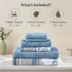 Modern Threads Ophelia 6-Piece 100% Cotton Towel Set – Reversible Yarn Dyed Jacquard & Solid – Includes 2 Bath Towels, 2 Hand Towels, 2 Washcloths – Absorbent, Quick Dry, Soft & Durable – Blue